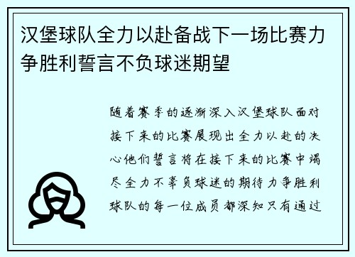 汉堡球队全力以赴备战下一场比赛力争胜利誓言不负球迷期望