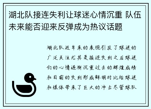 湖北队接连失利让球迷心情沉重 队伍未来能否迎来反弹成为热议话题