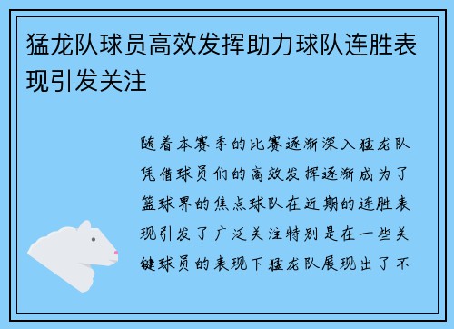 猛龙队球员高效发挥助力球队连胜表现引发关注