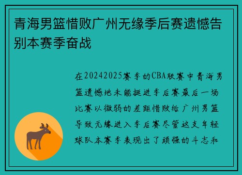 青海男篮惜败广州无缘季后赛遗憾告别本赛季奋战
